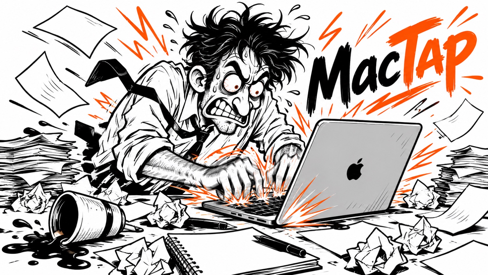 a comic panel of someone hammering their keyboard while papers and coffee fly everywhere, with the mactap logo